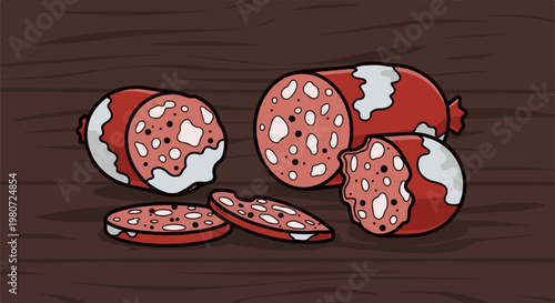 Sliced sausage with visible fat and spice specks on wood