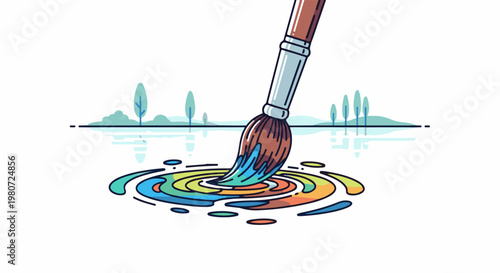 A paintbrush creates a vibrant swirl of colors on a white surface