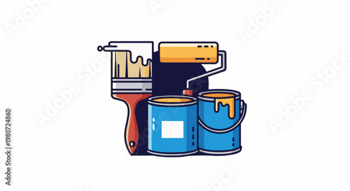 Stylized paint cans, roller, and brush with dripping yellow paint