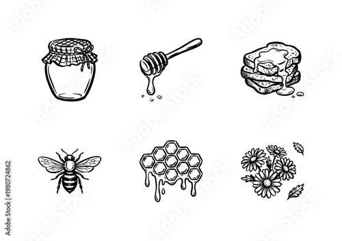 Honey Production and Apiary Botanical Elements with Hand-Drawn Inky Brushwork and Organic Painterly Sketches