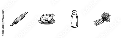 Kitchen Utensils and Gourmet Food Elements with Hand-Drawn Inky Brushwork and Organic Calligraphic Ink Strokes for Restaurant Menu Design.