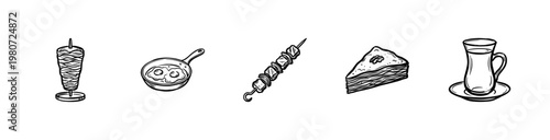 Turkish Food and Middle Eastern Cuisine Elements with Inky Brush Strokes in Hand-Drawn Painterly Style