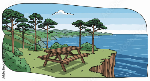 Idyllic cliffside picnic spot overlooking the ocean and distant hills