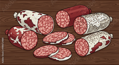 A variety of cured meat sausages and slices arranged on a wooden surface