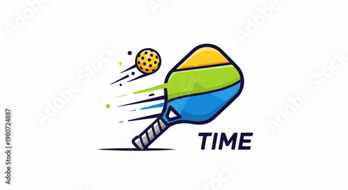 A pickleball paddle and ball in motion, with streaks of color