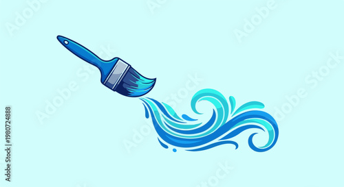 A blue paintbrush creates blue wavy strokes on a light blue background