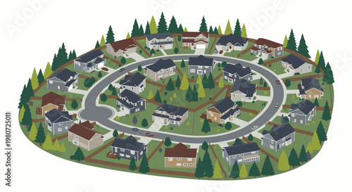 Overhead view of a circular suburban neighborhood with trees and houses
