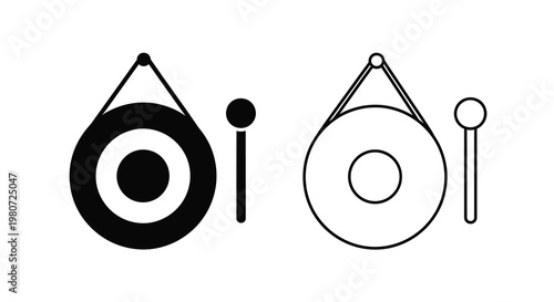 Two depictions of a traditional gong instrument with a mallet one filled and one outlined