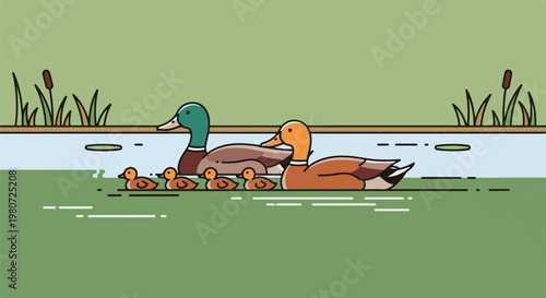Stylized mallard ducks, a pair, and their ducklings swim in water