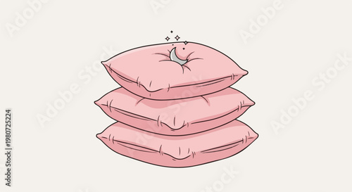 Soft pink pillows stacked, with stars and a crescent moon symbol