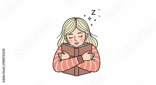 Blond girl with closed eyes hugs a book, dreamily dozing off