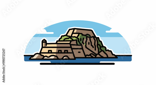 Stylized fortress on a rocky island with a castle and sea