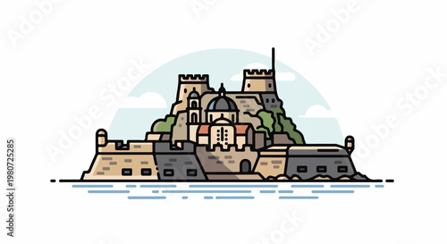 Stylized illustration of a fortified complex on a rocky island by the water