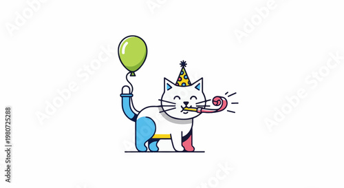 White cat with party hat, balloon, and noisemaker celebrates