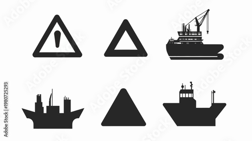 Silhouettes of ships and warning signs with a white background, useful for design