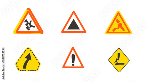 Collection of traffic warning signs in yellow, orange, and black, illustrating various hazards Free Download Collection of traffic warning signs in yellow, orange, and black, illustrating various hazards - GFXLoad