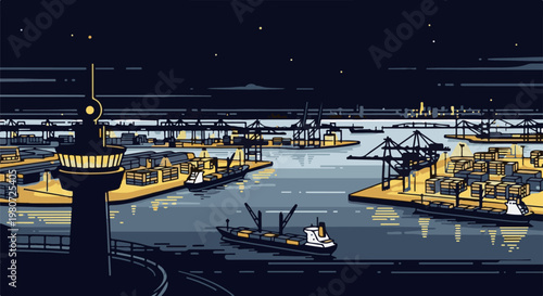 Pixelated nighttime industrial port with cargo ships and cranes