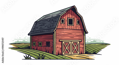 A stylized red barn stands amidst rolling green fields under a pale sky