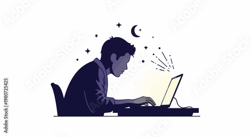 Person working on laptop at night with stars and crescent moon
