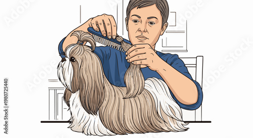 Person grooming a fluffy dog with a comb and scissors