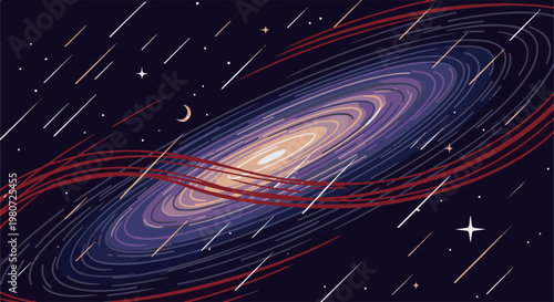 A swirling galaxy with shooting stars and a crescent moon on a dark background