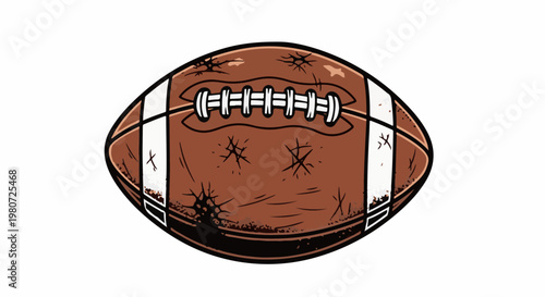 A cartoonish, weathered American football with white laces and stripes