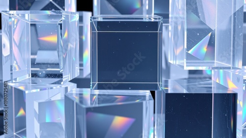Abstract cubes reflect light, creating colorful iridescent patterns. Dark background emphasizes geometric shapes, offering modern aesthetic.