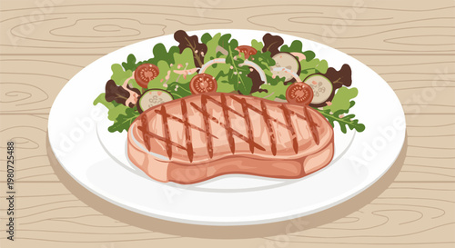 A grilled steak and salad on a white plate sits on a wooden table