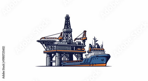 Illustration of an offshore drilling rig connected to a supply vessel