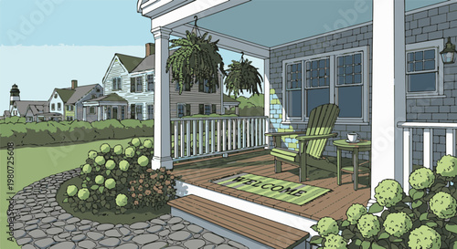 Coastal home porch with welcome mat, Adirondack chairs, hanging ferns