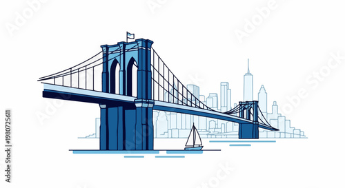 A stylized illustration of a suspension bridge crossing water with a sailboat and city skyline