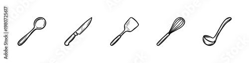 Kitchen Utensils and Cooking Cutlery Tools in Hand-Drawn Inky Painterly Style for Restaurant and Food Preparation Graphic Design Projects.