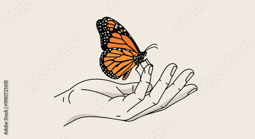 A detailed illustration of a Monarch butterfly landing on an open hand