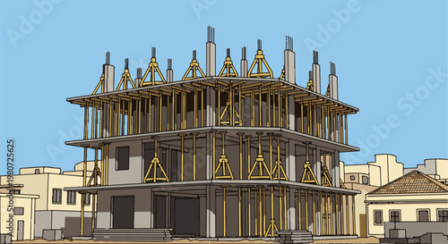 Multi-story building under construction, supported by scaffolding and framework