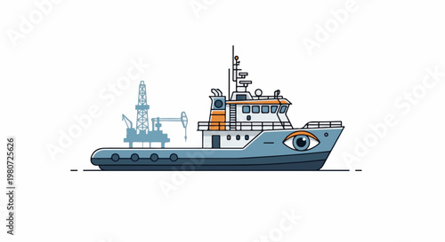A stylized ship with a large eye on its side and a drilling rig behind it