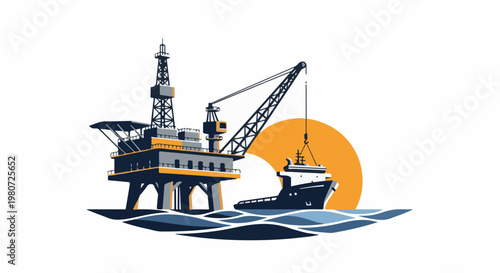 Offshore oil rig and ship at sunset