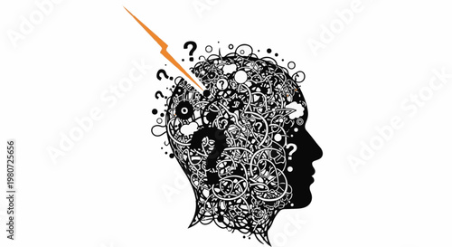Silhouette of a head filled with abstract shapes and question marks