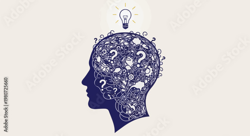 Silhouette of a head filled with tangled lines, question marks, and a light bulb