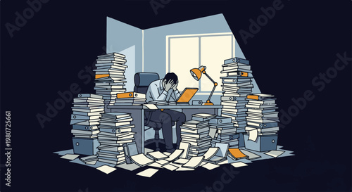 Stressed office worker overwhelmed by stacks of documents at a messy desk