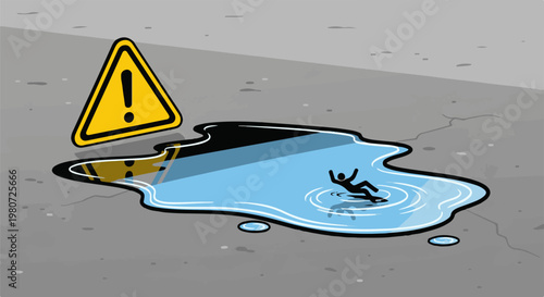 Warning sign and figure slipping on wet surface
