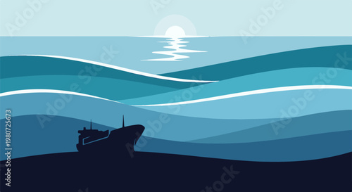Silhouette of a ship on wavy ocean with sunrise over the horizon