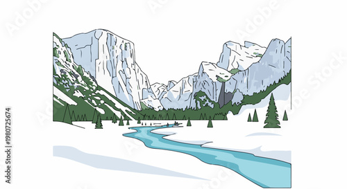 A majestic, snow-covered mountain valley with a winding turquoise river