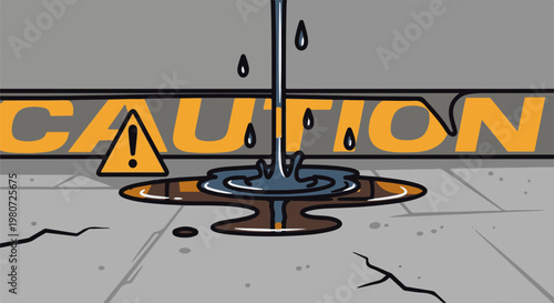 A warning sign shows liquid dripping onto a cracked surface, indicating a hazard