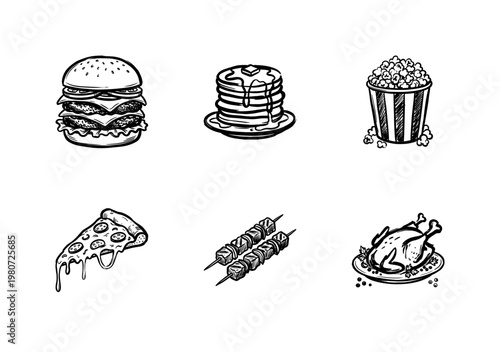 Fast Food Favorites and Popular Restaurant Dishes with Chalkboard Style White Ink Brush Strokes and Hand-Drawn Painterly Aesthetic