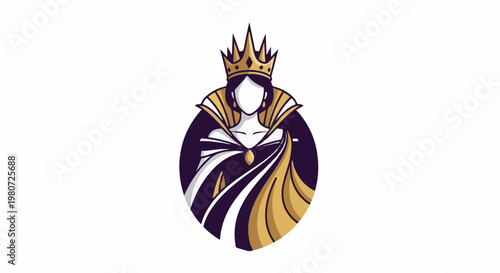 Stylized regal figure wearing a crown, adorned in flowing robes, with oval frame