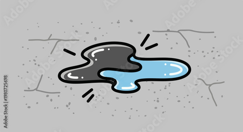 Puddle of dark and light liquid on cracked concrete surface