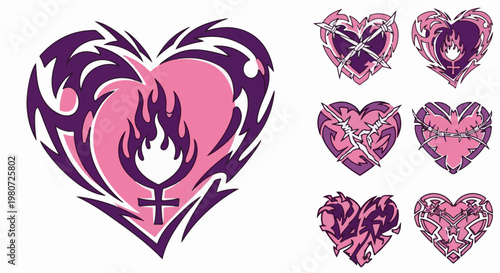 Abstract hearts with flames, barbed wire, and female symbols in pink and purple