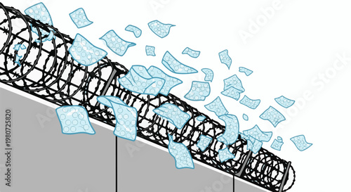 Barbed wire fence with floating bubble wrap pieces against a white background