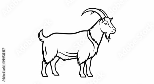 A black and white drawing of a horned goat standing in profile on a white background