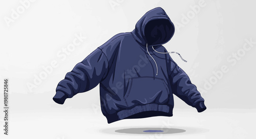 Dark blue hooded garment with drawstring and pocket, floating in air